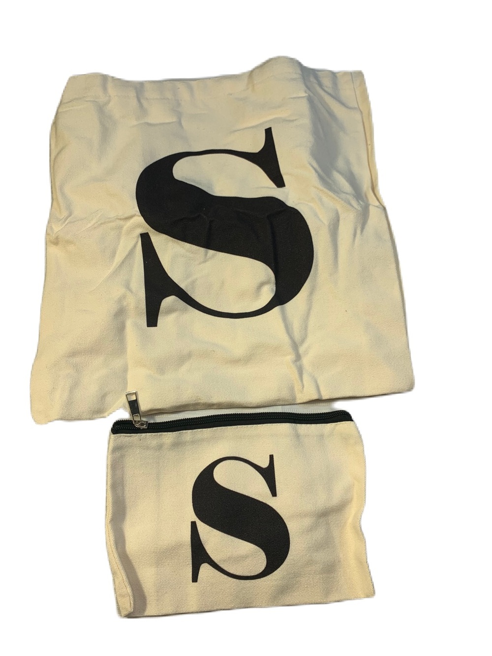 Canvas Tote and Pouch with Bold 'S' - Cream and Black. NEW